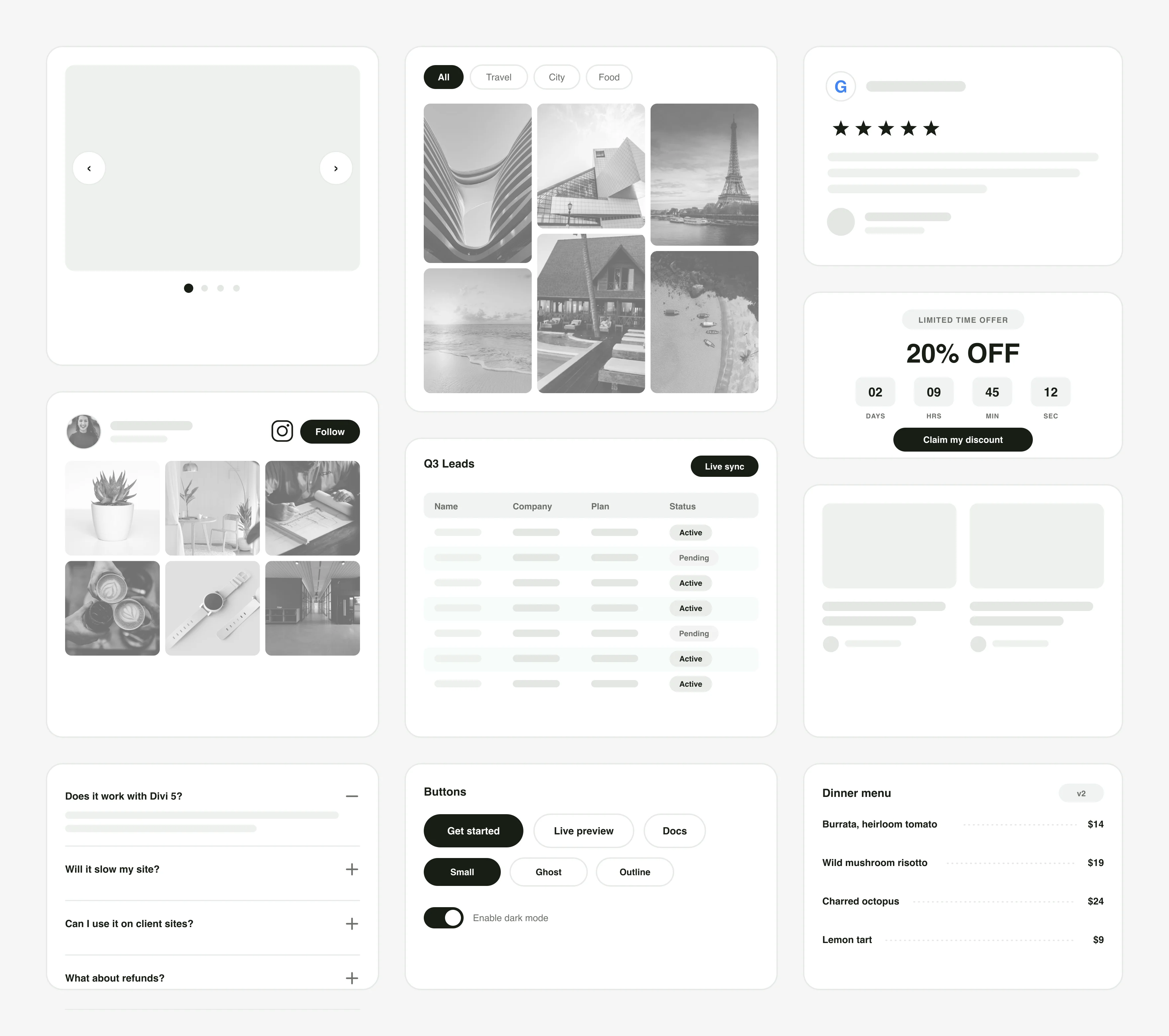 DiviPeople plugin components — carousel, gallery, Instagram feed, Google reviews, tables and blog grids