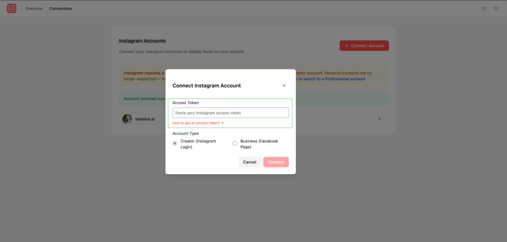 Divi instagram feed dashboard